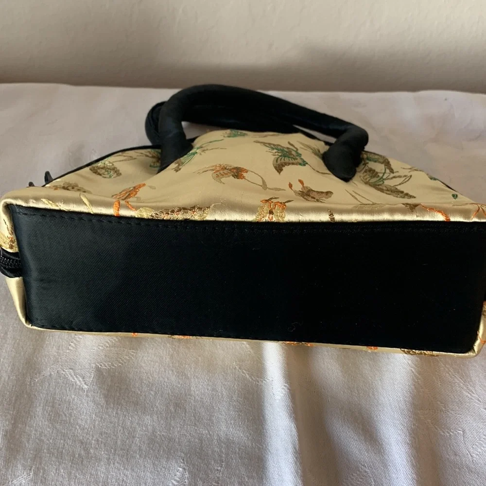 Elegant Gold Satin Embroidered Top-Handle Bag